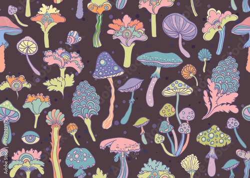 Colorful flowers and mushrooms seamless pattern, retro 60s, 70s hippie style background. Vintage psychedelic textile, fabric, wrapping, wallpaper. Vector repeating magic floral illustration.