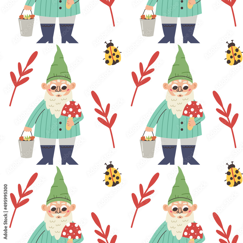 Cute gnome and mushroom pattern. Character doodle hand drawn flat cartoon background nursery vector digital paper textile fabric wallpaper Cute gnome and mushroom pattern. Character doodle hand drawn flat cartoon background nursery vector digital paper textile fabric wallpaper