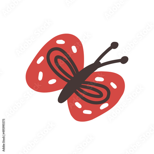 Red decorative butterfly hand drawn. Vector art doodle naive cute Insect fauna clipart