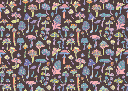 Colorful flowers and mushrooms seamless pattern, retro 60s, 70s hippie style background. Vintage psychedelic textile, fabric, wrapping, wallpaper. Vector repeating magic floral illustration.
