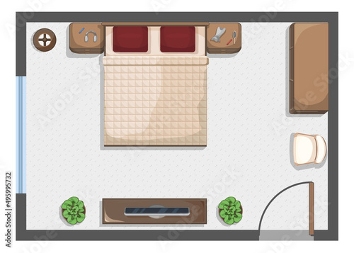 Bedroom architectural plan. Top (above) view. Apartment vector design. Standard size furniture elements. Sofa, bed, chair, lamp, nightstand, cupboard, TV set.