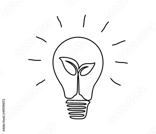 Plant inside Lightbulb in one continuous line drawing. Creative concept of Green energy and environmental friendly sources in simple linear style. Editable stroke. Doodle Vector illustration
