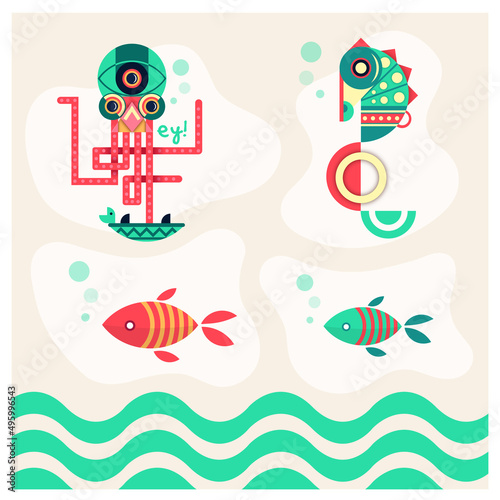 Sea animals geometric flat seahorse octopus and fish Premium Vector