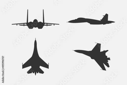 Set of fighter aircraft SU-27 in various positions black and white vector illustration.