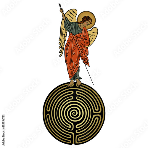 Vintage angel holding spear standing on top of a round spiral maze or labyrinth symbol. Creative religious Christian symbol.