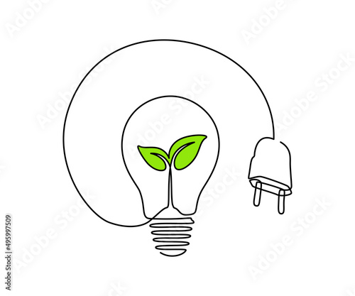 Plant inside Lightbulb with plug in one continuous line drawing. Creative concept of Green energy and environmental friendly sources in simple linear style. Editable stroke. Vector illustration