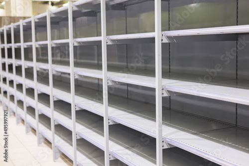 View of empty supermarket shelves, grocery store work stoppage closes, sanctions and embargo, panic buying with supplies and goods shortage, food crisis and deficit concept