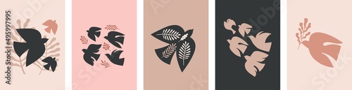 Abstract Botanical Wall Art, Contemporary art prints, abstract leaves and birds. Nordic, Scandinavian boho botanical drawings , postcard or brochure design
