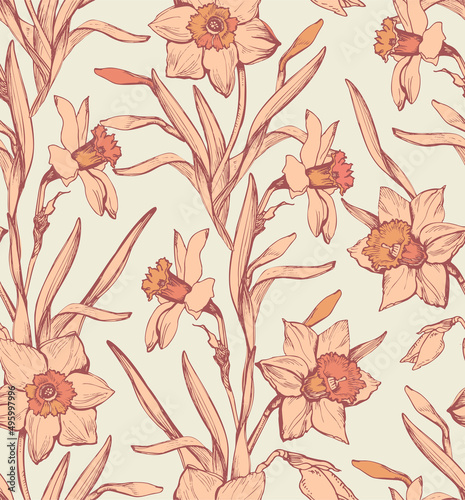Spring Garden Narcissus Flowers Hand Drawn Seamless Pattern. Vintage Romantic Bloom Ogee Repeated Design. Cottage Core Aesthetic Floral Print for Scrapbook, Wrapping, Card, Fabric.