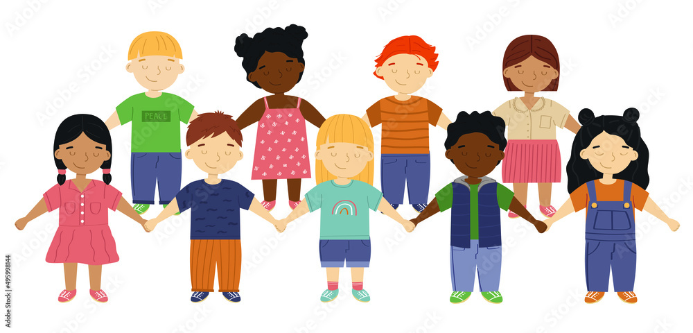 A group of cute children standing and holding hands. Kids of divers ...