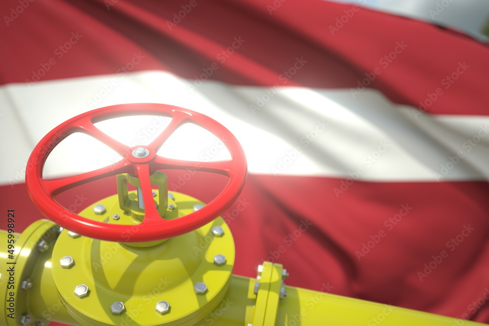 Waving flag of Latvia and the gas or oil pipeline valve. Conceptual 3d rendering