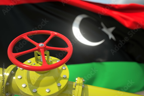 Waving flag of Libya and the gas or oil pipeline valve. Conceptual 3d rendering