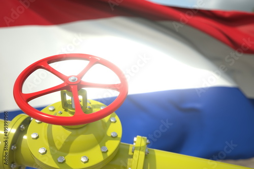 Pipe valve close-up and flag of the Netherlands, 3d rendering