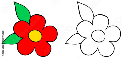 Flower colorful and black and white. Bloom coloring book page for children. Game for kids. Colored and outline vector illustration isolated on white background.