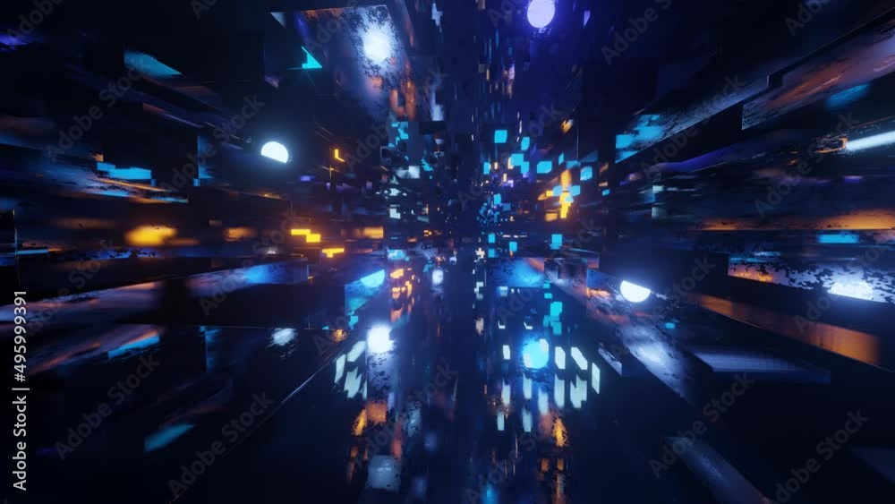 sci-fi constructions, mysterious 3d objects in fog. Fly through technology cyberspace with neon glow. Sci-fi flight through hi-tech technology tunnel. Hologram and neon light. 3d looped seamless 4k bg