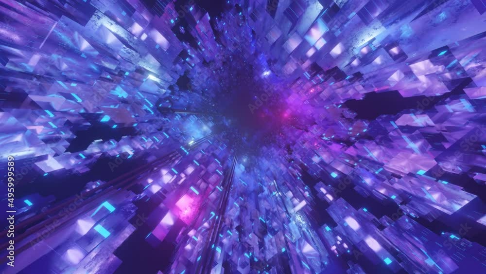 Fly through technology cyberspace with neon glow. Sci-fi constructions, mysterious 3d objects in fog. Sci-fi flight through hi-tech technology tunnel. Hologram and neon light. 3d looped seamless 4k bg
