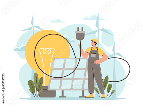 Solar energy concept. Man holds wire, alternative methods of obtaining electricity. Caring for environment and reducing release of harmful substances into environment. Cartoon flat vector illustration