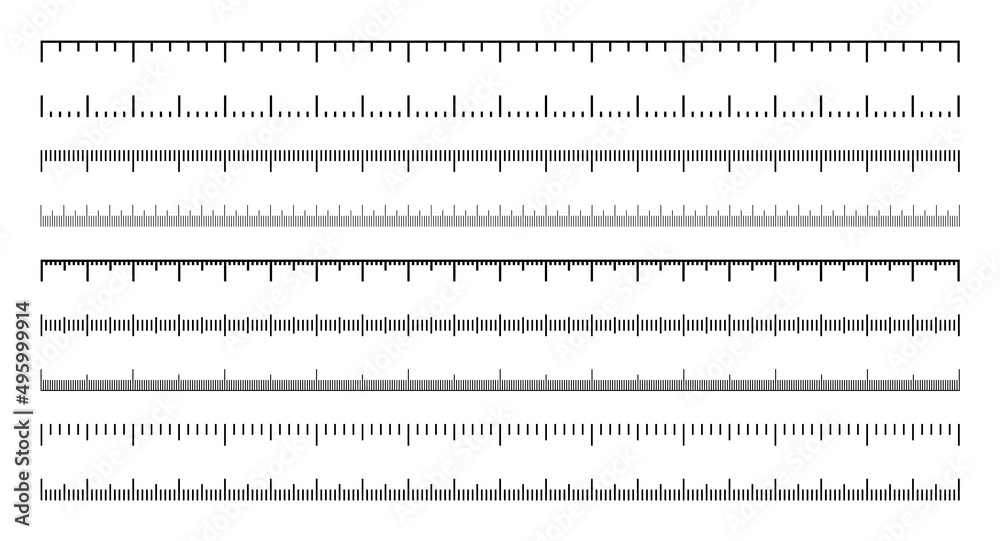 Various measurement scales with divisions. Realistic scale for measuring length or height in centimeters, millimeters or inches. Ruler, tape measure marks, size indicators. Vector illustration Various measurement scales with divisions. Realistic scale for measuring length or height in centimeters, millimeters or inches. Ruler, tape measure marks, size indicators. Vector illustration