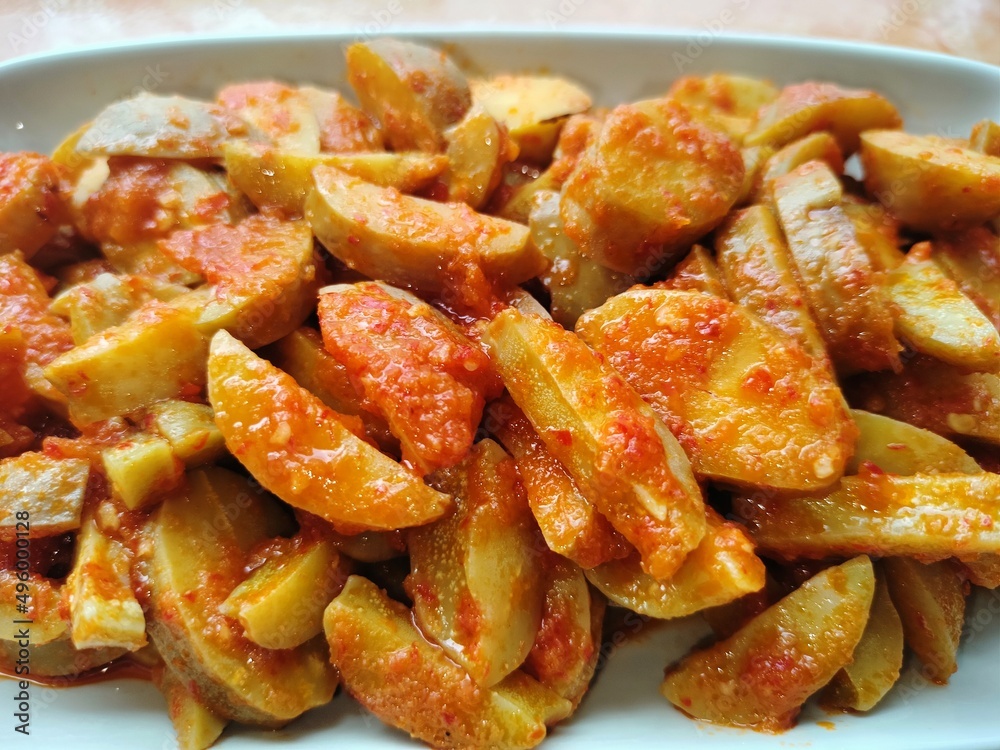 Spicy jengkol balado or jengkol stew, made from jengkol seeds or dogfruit with Indonesian spices, one of the popular dishes from Indonesia
Spicy jengkol balado or jengkol stew, made from jengkol seeds or dogfruit with Indonesian spices, one of the popular dishes from Indonesia