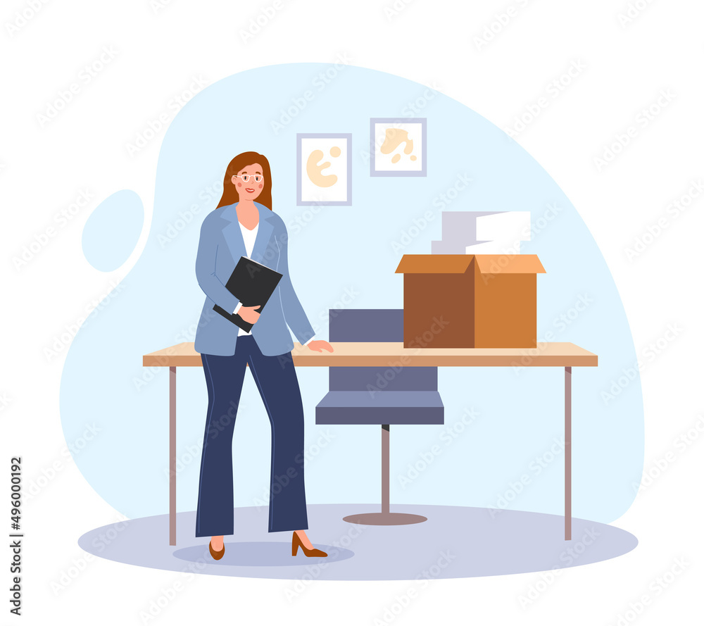 Businesswoman in office. Young girl with glasses and suit. Successful and talented entrepreneur. Financial literacy and company development. Paperwork and documents. Cartoon flat vector illustration Businesswoman in office. Young girl with glasses and suit. Successful and talented entrepreneur. Financial literacy and company development. Paperwork and documents. Cartoon flat vector illustration
