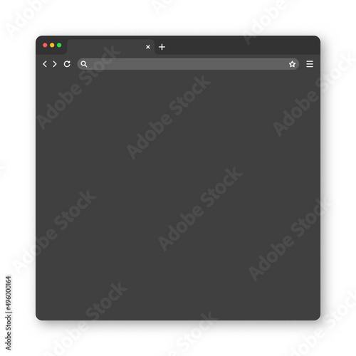 Blank web browser window with tab, toolbar and search field. Modern website, internet page in flat style. Browser mockup for computer, tablet and smartphone. Dark mode. Vector illustration