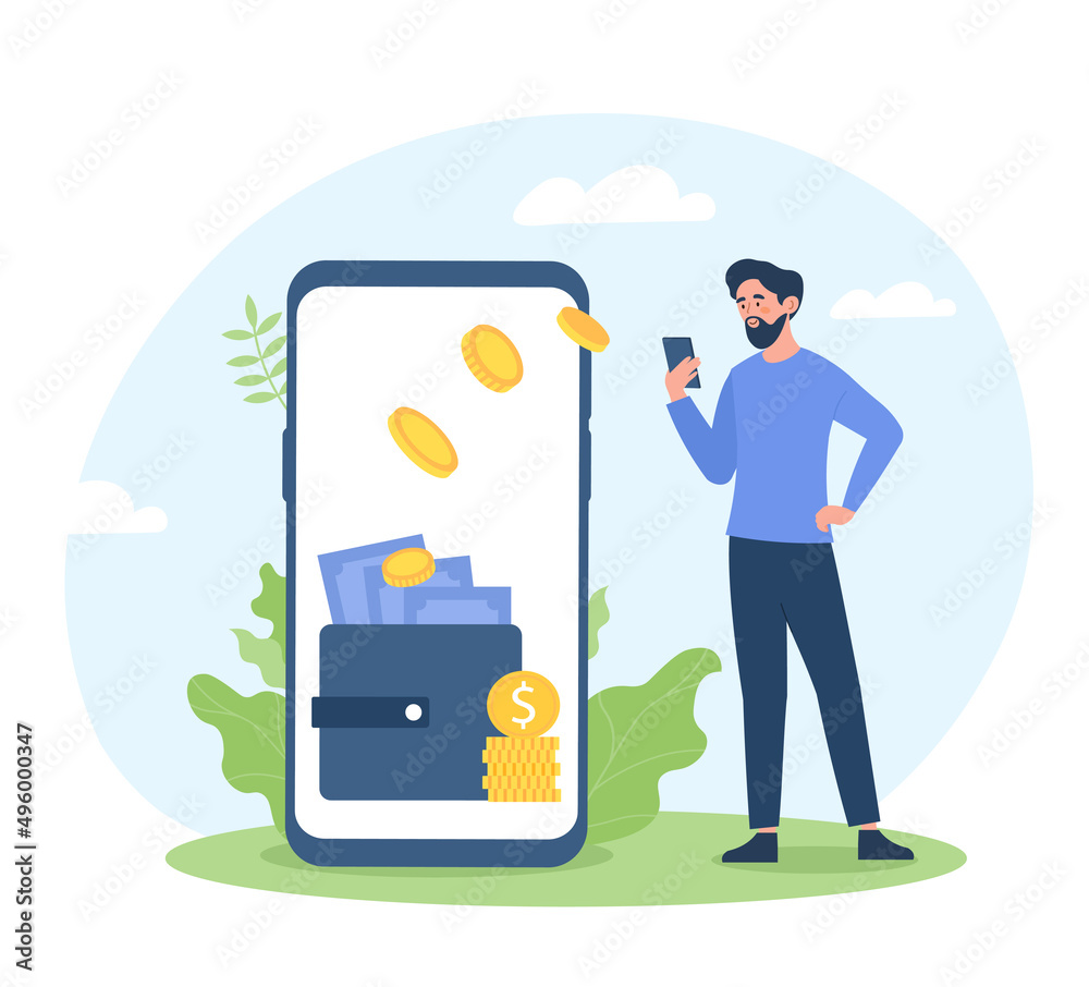 Digital wallet concept. Man stands against background of smartphone with money, cashless transactions. Modern technologies and innovations. Savings and finance. Cartoon flat vector illustration Digital wallet concept. Man stands against background of smartphone with money, cashless transactions. Modern technologies and innovations. Savings and finance. Cartoon flat vector illustration