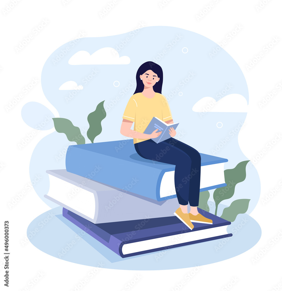 Girl reading book. Woman with useful hobby, poster for website. Registration of congratulatory cards, international day of literature. Education and self development. Cartoon flat vector illustration Girl reading book. Woman with useful hobby, poster for website. Registration of congratulatory cards, international day of literature. Education and self development. Cartoon flat vector illustration