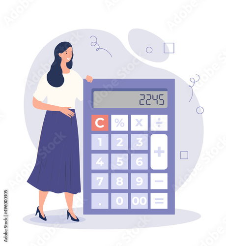 Woman with calculator. Young girl with computing device. Mathematician, accountant or employee of analytical department, manager. Poster or banner for website. Cartoon flat vector illustration