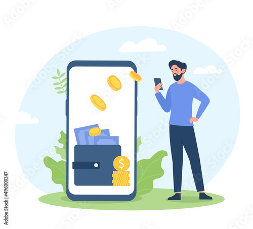 Digital wallet concept. Man stands against background of smartphone with money, cashless transactions. Modern technologies and innovations. Savings and finance. Cartoon flat vector illustration
