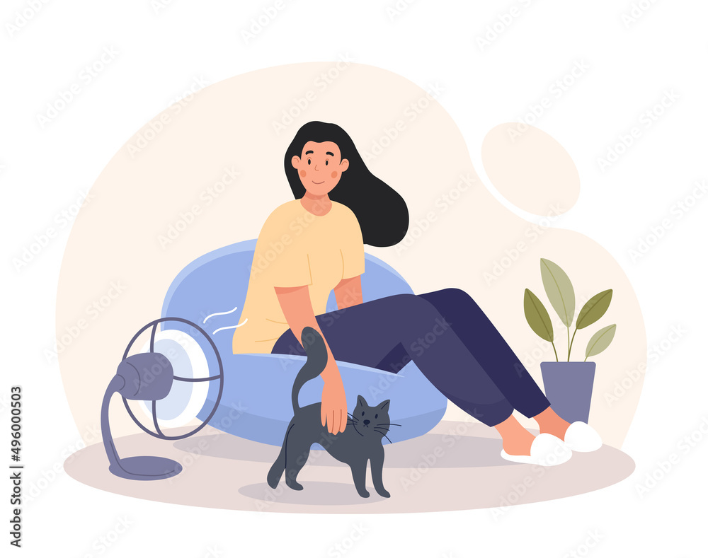 Woman with cat. Hostess with pet under fan. Comfortable and cozy apartment. Summer season and heat, air conditioning and wind. Adorable character at apartment. Cartoon flat vector illustration