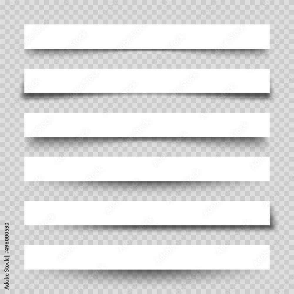 Set of white blank paper scraps with shadows. Page dividers on checkered background. Realistic transparent shadow effect. Element for design. Vector illustration. - obrazy, fototapety, plakaty 