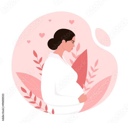 Pregnant woman concept. Young woman with big belly. Expectant mother and child. Graphic elements for website, poster or banner. Greeting postcards for newborns. Cartoon flat vector illustration