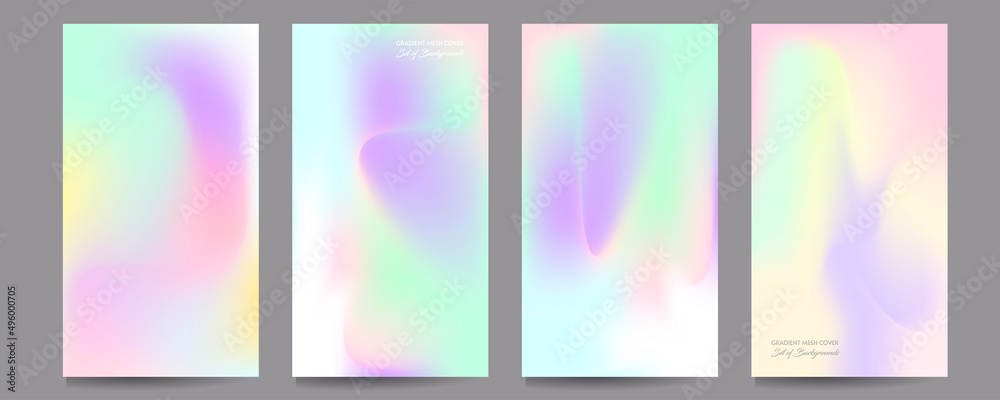 Gradient mesh cover set of backgrounds texture foil pearl shades. Abstract stylish gradient with holographic foil. 90s, 80s retro style