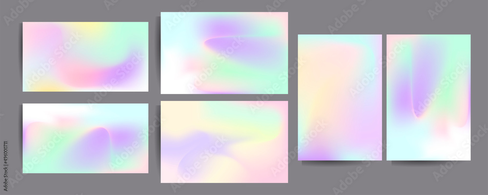 Gradient mesh cover set of backgrounds texture foil pearl shades. Abstract stylish gradient with holographic foil. 90s, 80s retro style