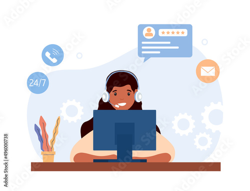 Support operator concept. Character in front of monitor, girl in call center. Assistant, customer liaison and feedback. Person in headphones with microphone. Cartoon flat vector illustration