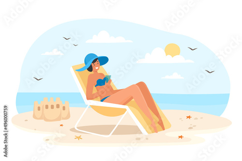 Swimsuit summer concept. Young girl on sun lounger. Relax on tropical beach, recuperate. Character sunbathing with cocktail in his hands. Vacation and adventure. Cartoon flat vector illustration