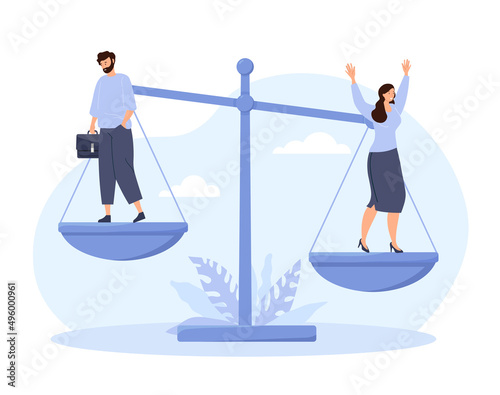 Woman winning over man. Employees stand on scales, metaphor for importance for company. Businessman and businesswoman. Female leadership or business victory. Cartoon flat vector illustration