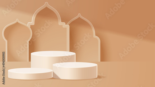 Islamic display podium decoration background with islamic ornament. Vector 3D Illustration