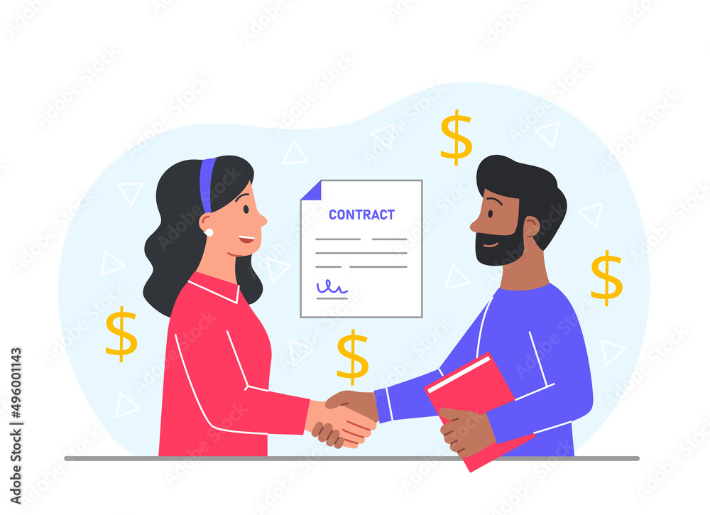 Man and girl making contract. Metaphor of successful negotiations, employees shake hands. Partnership of companies, investor and entrepreneur. Financial literacy. Cartoon flat vector illustration
