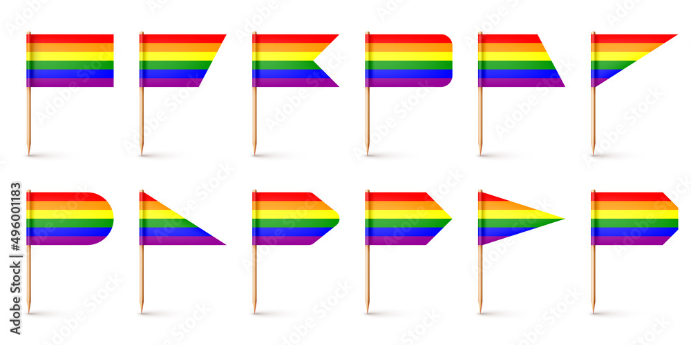 Realistic various toothpick flags. Wooden toothpicks with rainbow LGBTQ paper flag. Blank mockup for advertising and promotions. Pride month. Vector illustration