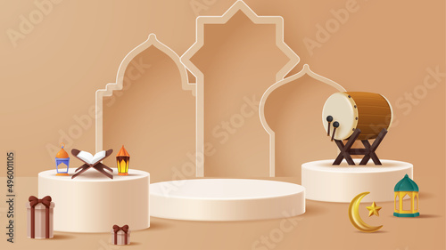 Islamic display podium decoration background with islamic ornament. Vector 3D Illustration