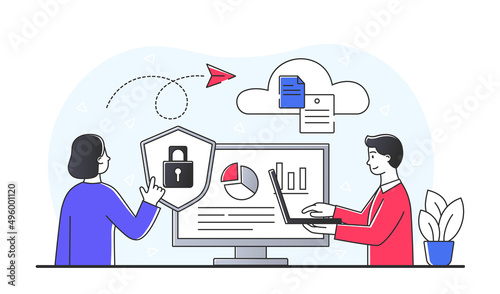 Cloud services concept. Man and girl send files. Tethered devices, globalization and digital world. Internet and modern technologies. Applications and programs. Cartoon flat vector illustration