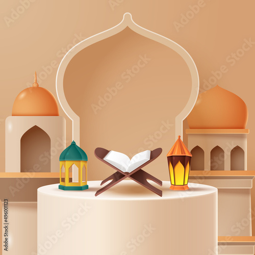 Islamic display podium decoration background with islamic ornament. Vector 3D Illustration