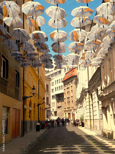 street in the city with umbrellas, Bratislava photo