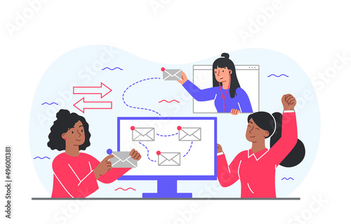 E mail service. Young girls exchange letters, feedback and modern methods of promotion on Internet. Digital world and online communication. Distance employee. Cartoon flat vector illustration