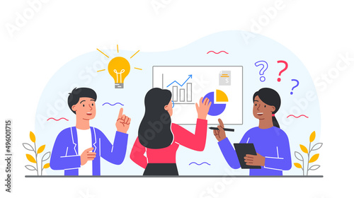 Investment solutions concept. Men and girls discussing graphs. Brainstorming, analytical department of company analyzes income and expenses. Firm development. Cartoon flat vector illustration