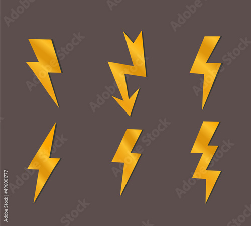Set of lightning. Collection of social network stickers. Graphic elements for website. Electricity and natural energy  speed metaphor. Cartoon flat vector illustrations isolated on brown background