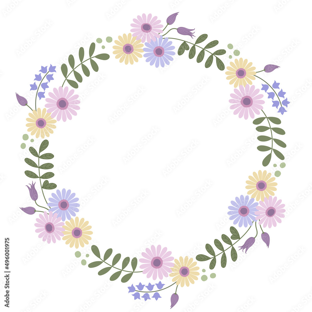Circle frame with pink, yellow and blue flowers. Floral wreath. Suitable for invitations to events and weddingsand greeting cards