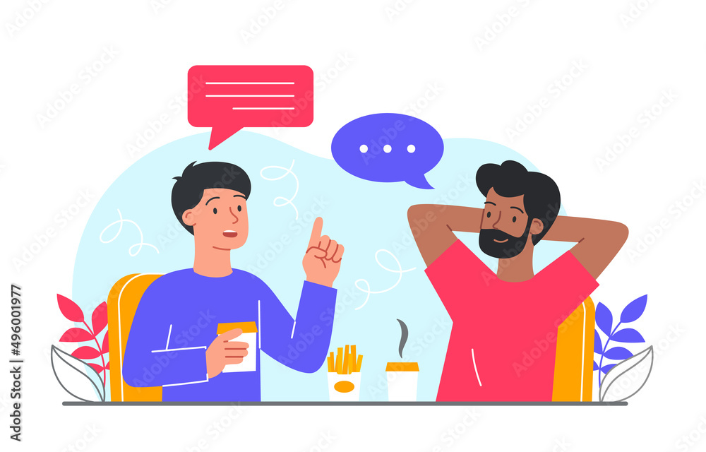 Men drinking cocktails. Fast food characters discussing latest news. Wrong nutrition, delicious product. Rest in cafe, friends for weekend rest in supermarket. Cartoon flat vector illustration