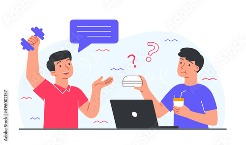 Sport vs fast food. Man holds out hamburger to friend with dumbbell. Active lifestyle or sedentary work. Athlete and sportsman and office worker. Nutrition and diet. Cartoon flat vector illustration